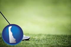 delaware map icon and a golf ball and a golf club on a golf course