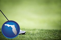 florida map icon and a golf ball and a golf club on a golf course