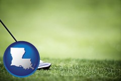 louisiana map icon and a golf ball and a golf club on a golf course