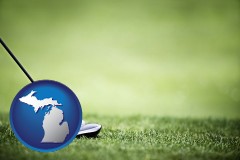 michigan map icon and a golf ball and a golf club on a golf course
