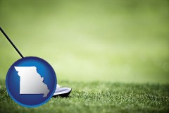 missouri map icon and a golf ball and a golf club on a golf course