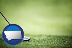 montana map icon and a golf ball and a golf club on a golf course
