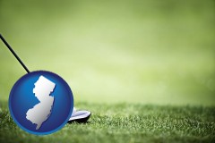 new-jersey map icon and a golf ball and a golf club on a golf course