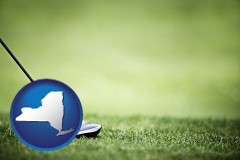 new-york map icon and a golf ball and a golf club on a golf course