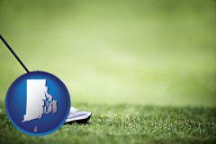 rhode-island map icon and a golf ball and a golf club on a golf course