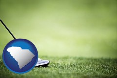 south-carolina map icon and a golf ball and a golf club on a golf course