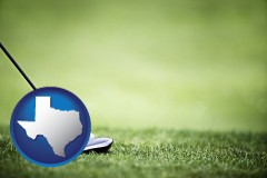 texas map icon and a golf ball and a golf club on a golf course