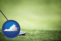 virginia map icon and a golf ball and a golf club on a golf course
