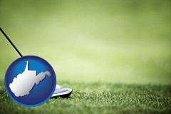 west-virginia map icon and a golf ball and a golf club on a golf course