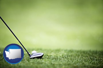 a golf ball and a golf club on a golf course - with Washington icon