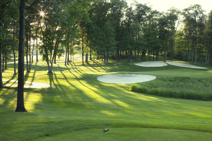 Golf green and traps with rays of sun